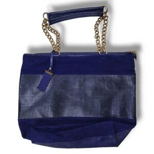 Arezzo Large Bag Blue Leather Gold Chain Carry Handle Zip Top Closure Pockets